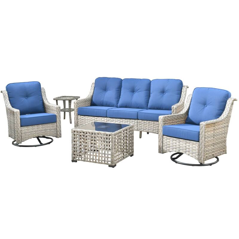 HOOOWOOO 5-piece Rattan Wicker Outdoor Conversation Set with Swivel Chair and Coffee Table