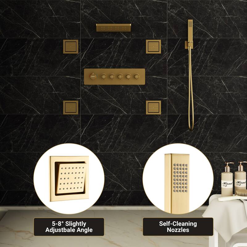 5-Spray Thermostatic Shower System, Luxury Anti-Scald 16 in. Fixed and Handheld Shower Head with Body Jets, Valve Included