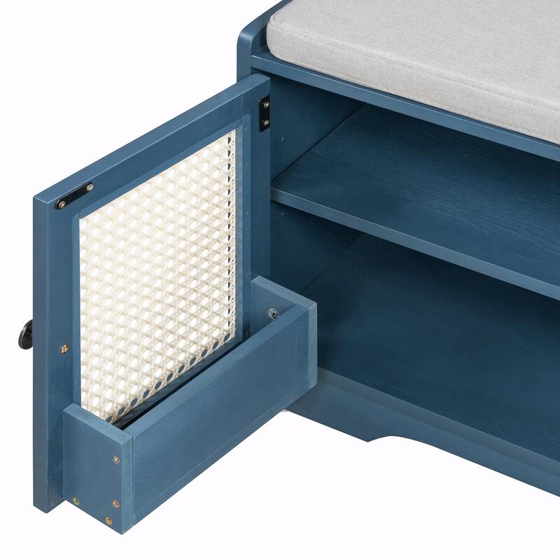 Rustic Storage Bench with Removable Cushion, Woven Rattan Doors & Adjustable Shelves
