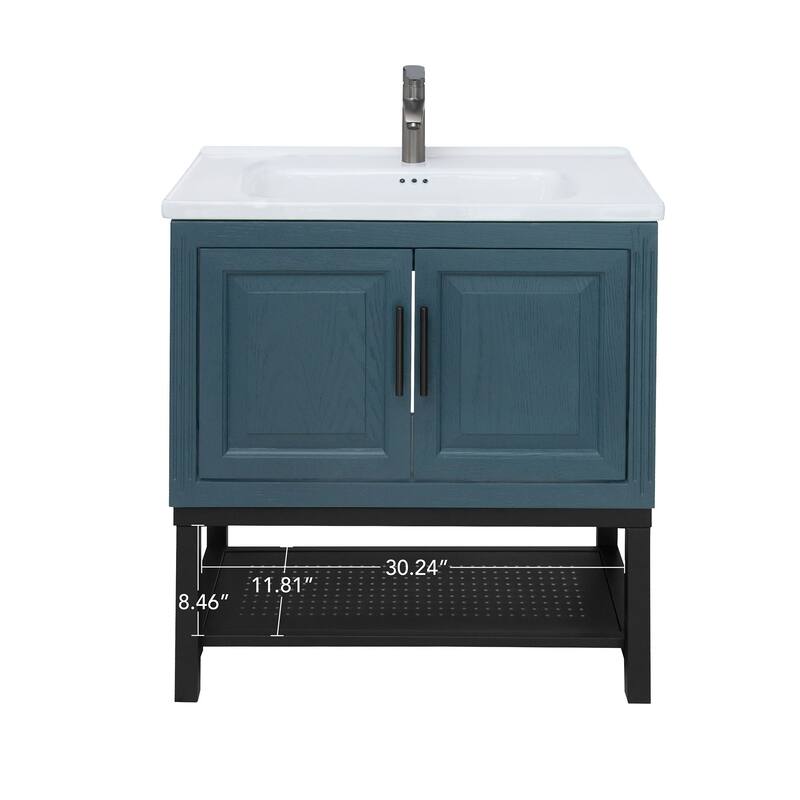 Roomfitters 32" Bathroom Vanity with Ceramic Sink, Freestanding Bathroom Cabinet with Storage & Open Shelf
