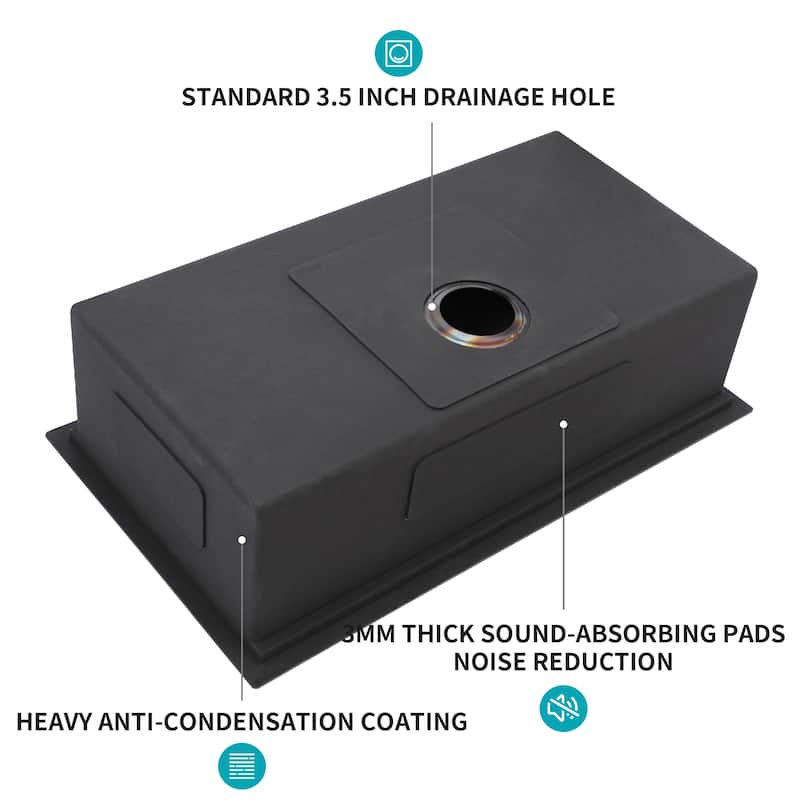 30" Undermount 16 Gauge Single Bowl Stainless Steel Kitchen Sink in Gunmetal Black - 30'' x 18'' x 10''