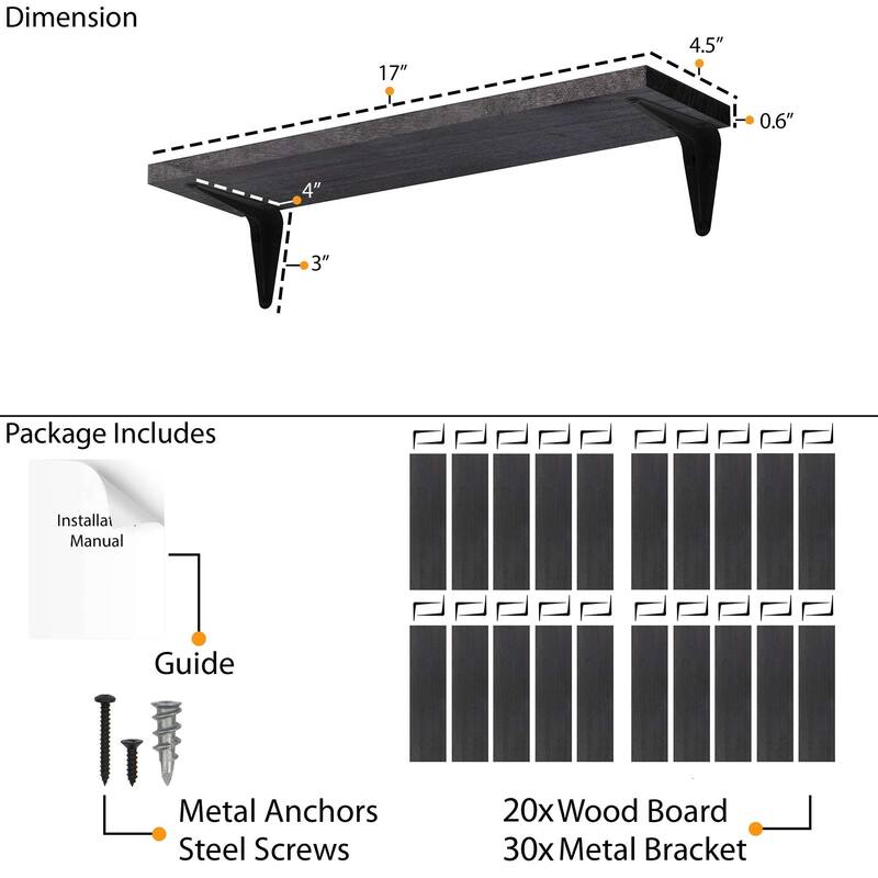 Wallniture Arras 17x4.5" Floating Bookshelves, Hanging Shelves for Living Room, Farmhouse Decor, Custom Finish and Piece Options