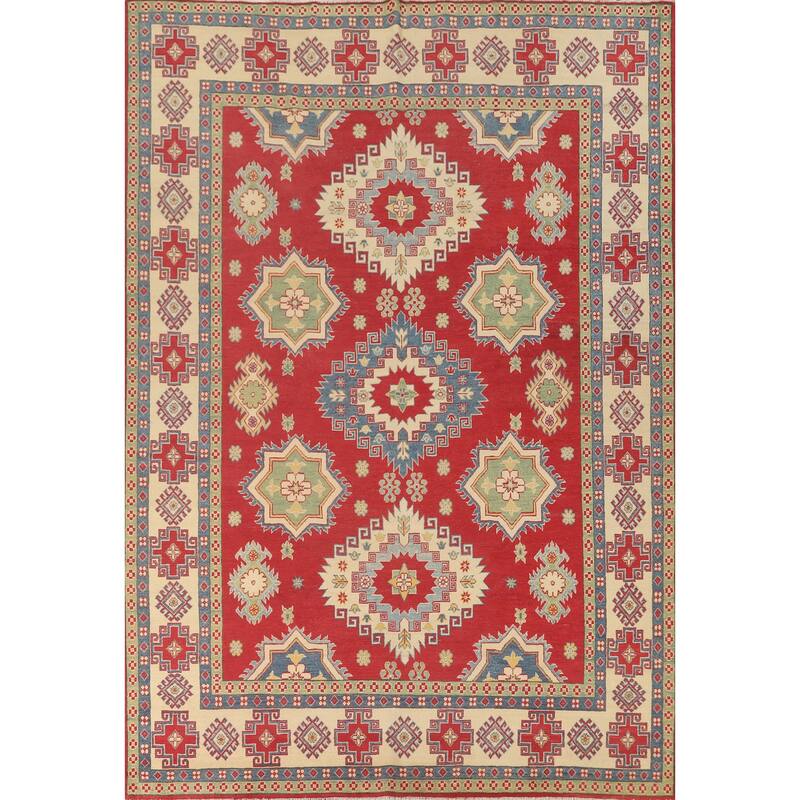 Geometric Kazak Area Rug Hand-Knotted Red Wool Carpet - 8'0" x 11'0"