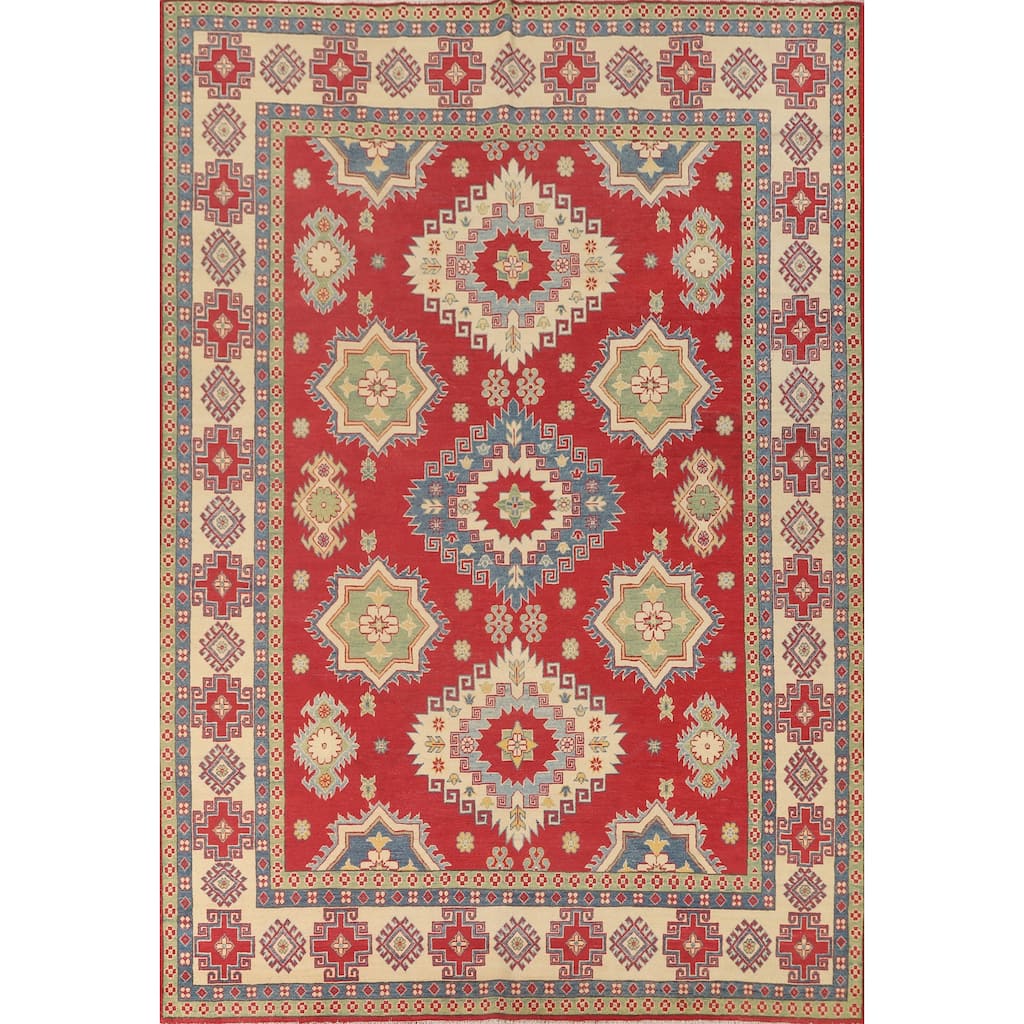 Geometric Kazak Area Rug Hand-Knotted Red Wool Carpet - 8'0" x 11'0"
