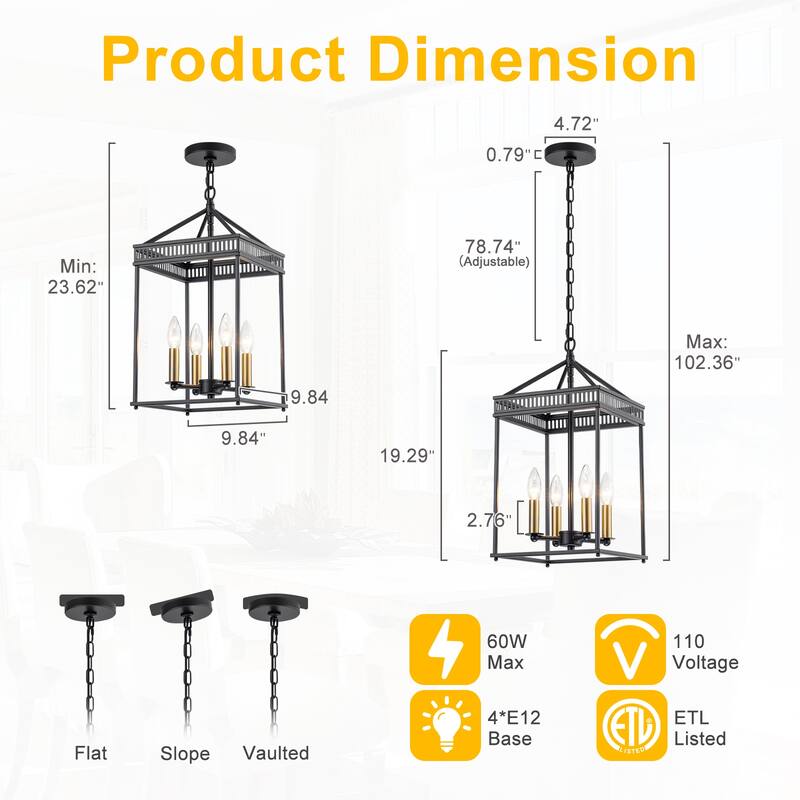 4-Light Industrial Black Square Cage Pendant Chandelier for Kitchen - Dia.9.84-in