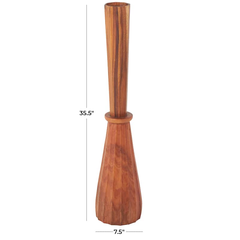 Brown Wood Handmade Tall Pleated Hourglass Floor Vase