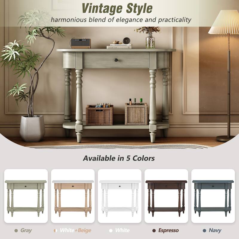 Narrow Console Table with Curved Corner, Retro Entryway Table with Top Drawer and Open Shelf