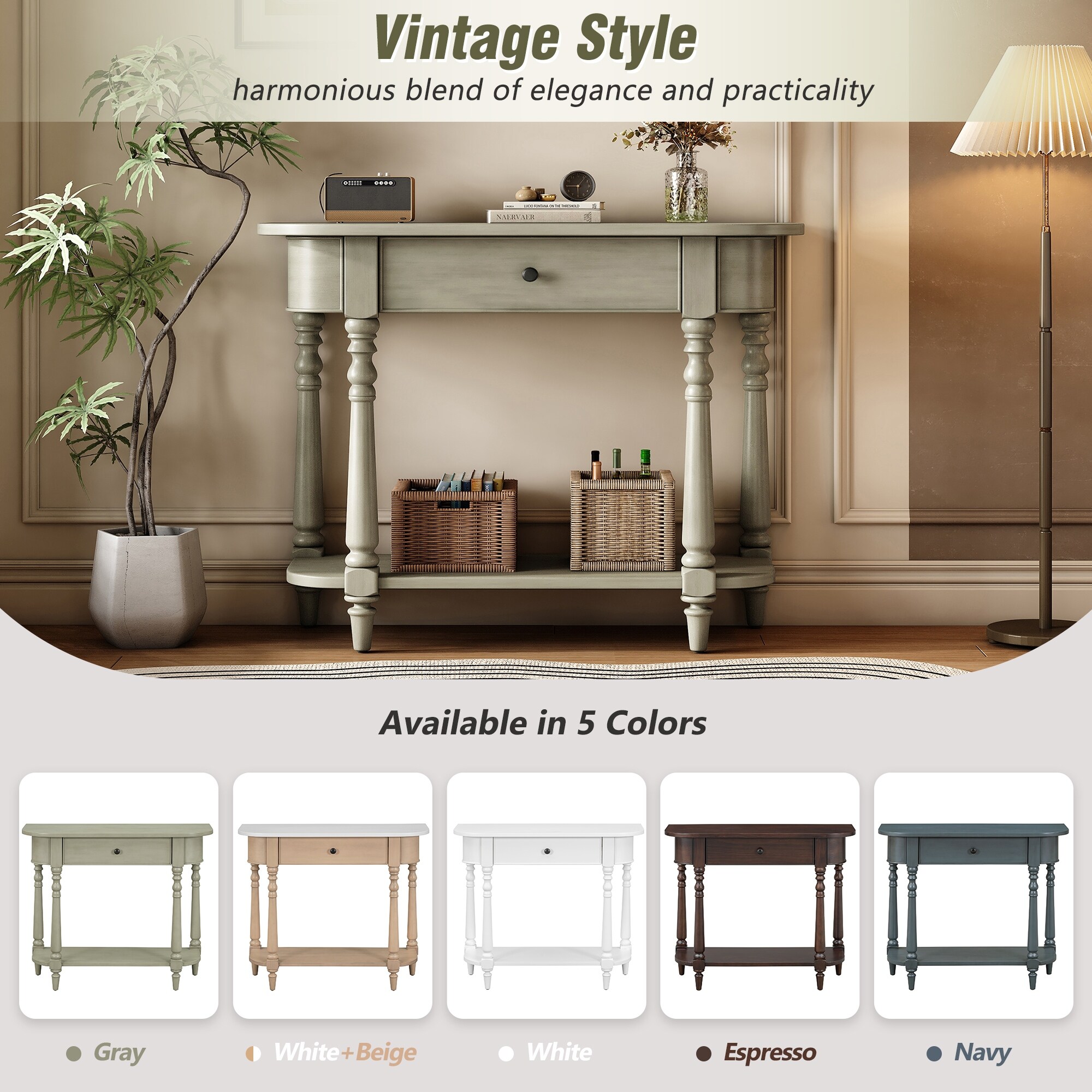 Retro Narrow Console Table with Curved Corner, Top Drawer & Open