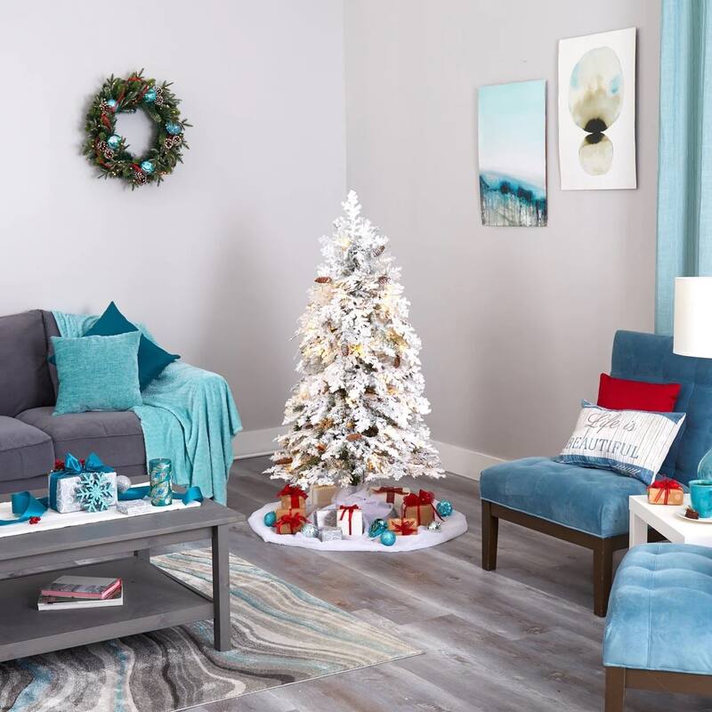 5' Montana Spruce Flocked Artificial Christmas Tree, Clear LED Lights - 5 Foot