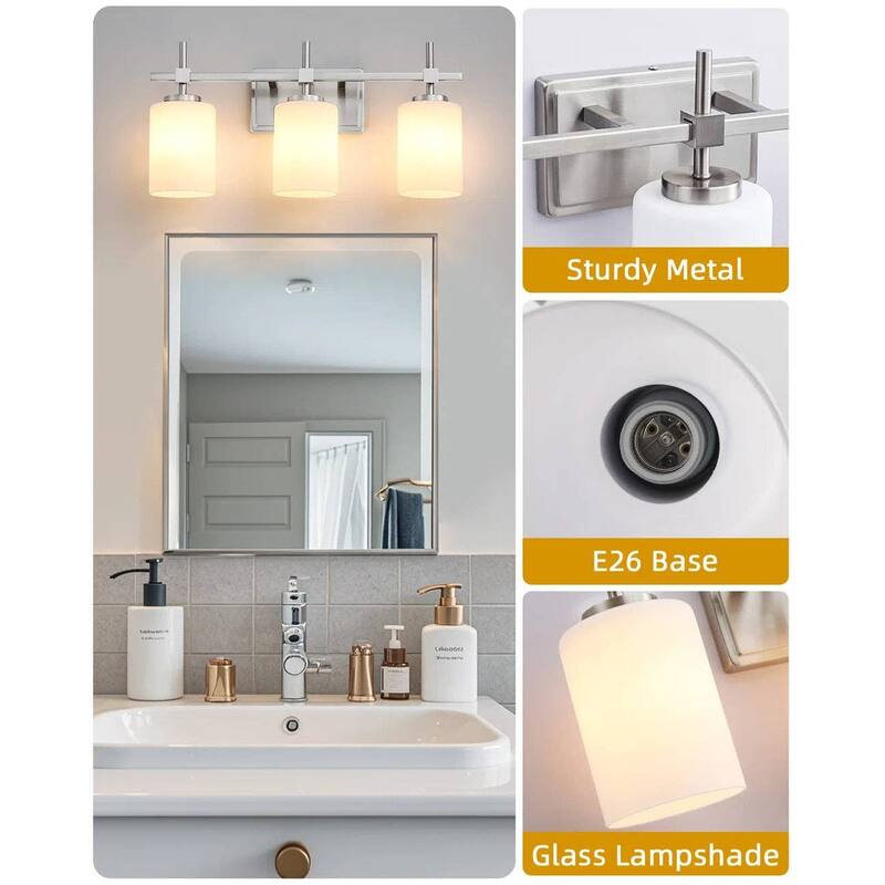 Jasper Brushed Nickel Frosted Glass 3-Light Bathroom Vanity Light