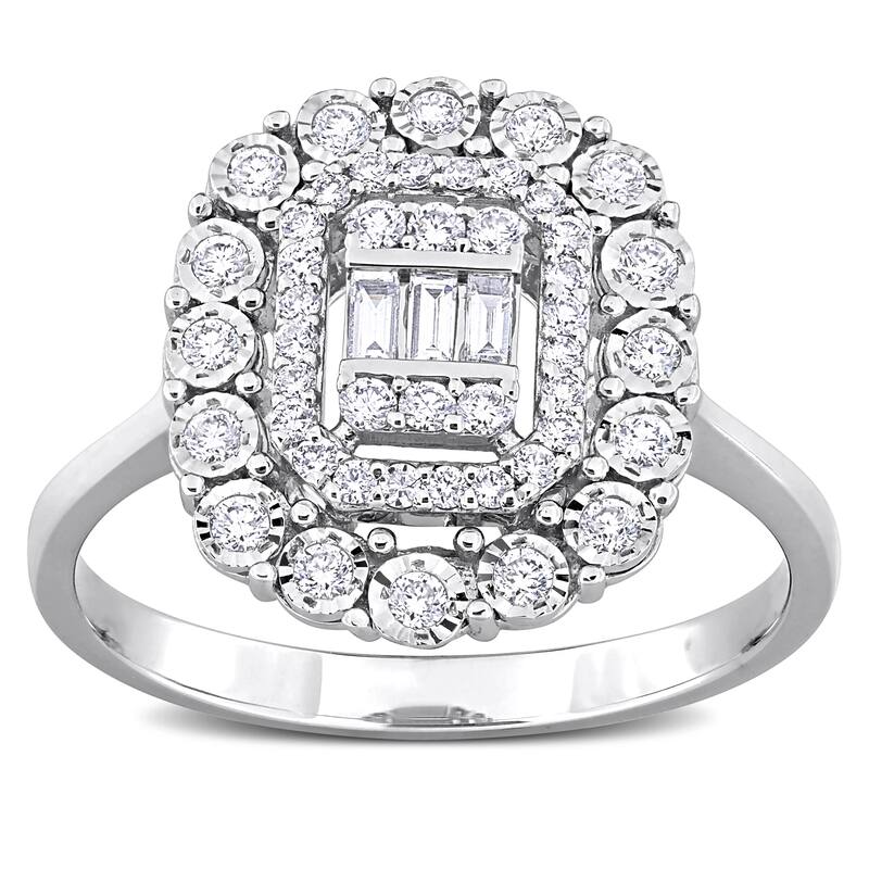Miadora 1/2ct TDW Parallel Baguette Diamonds Octagon Halo Cluster Ring in 14k White Gold