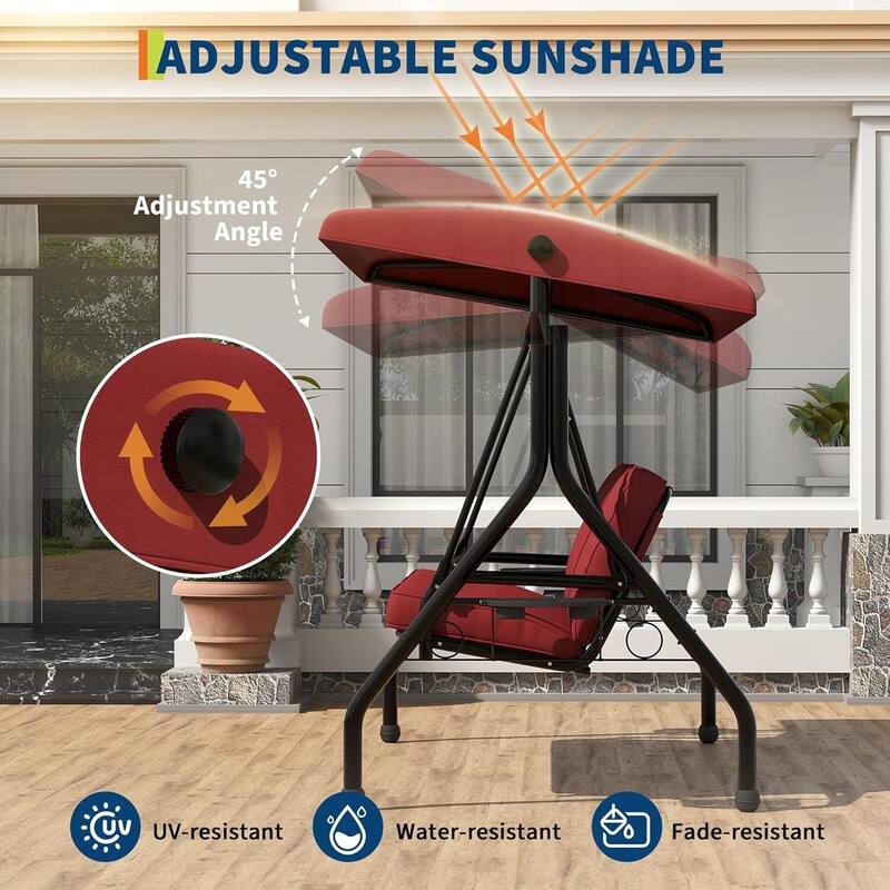 3 Seat Outdoor Porch Swing Chair with Canopy ＆ Cup Holders for Backyard, Porch, Garden