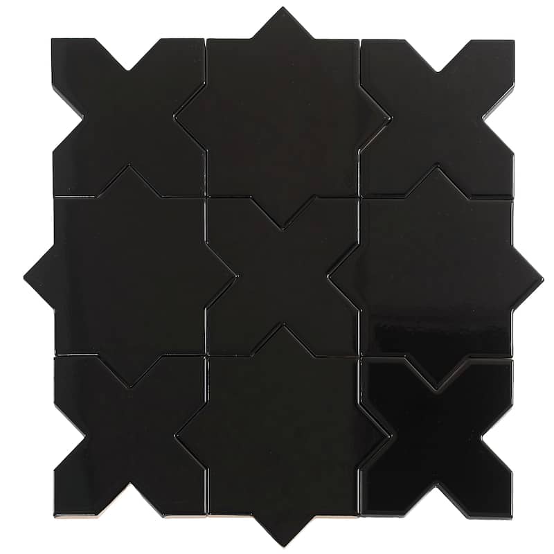 Siena 5" Star with Cross Glossy Ceramic Wall and Floor Tile (10.76 sq ft/case) - 54 Pack - Black