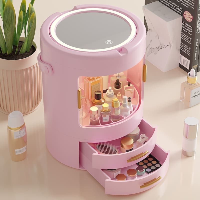 Makeup Organizer Bathroom Medicine Organizer Cosmetic Display Cases with Led Mirror for Dresser, Vanity Countertop - Pink