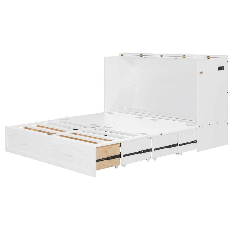 Queen Size Wall Bed with Drawers, USB Ports, and Smooth Pulley System, White