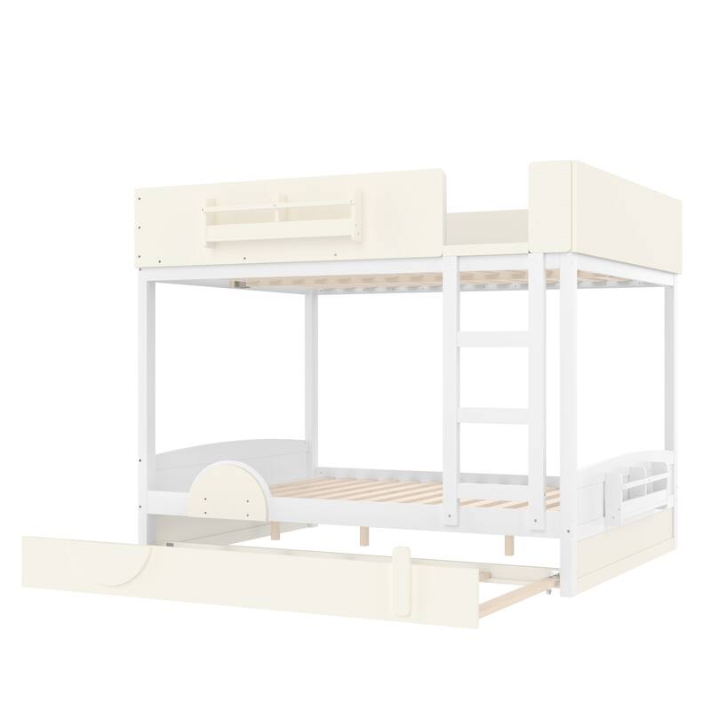 Kids Bed Wooden Bunk Bed with Trundle and Built-in Storage Bookshelves