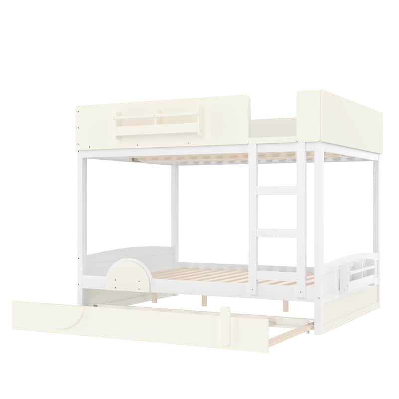 Queen/Full Bunk Bed with Trundle, Built-in Bookshelf & Safety Guardrail, Automobile Design