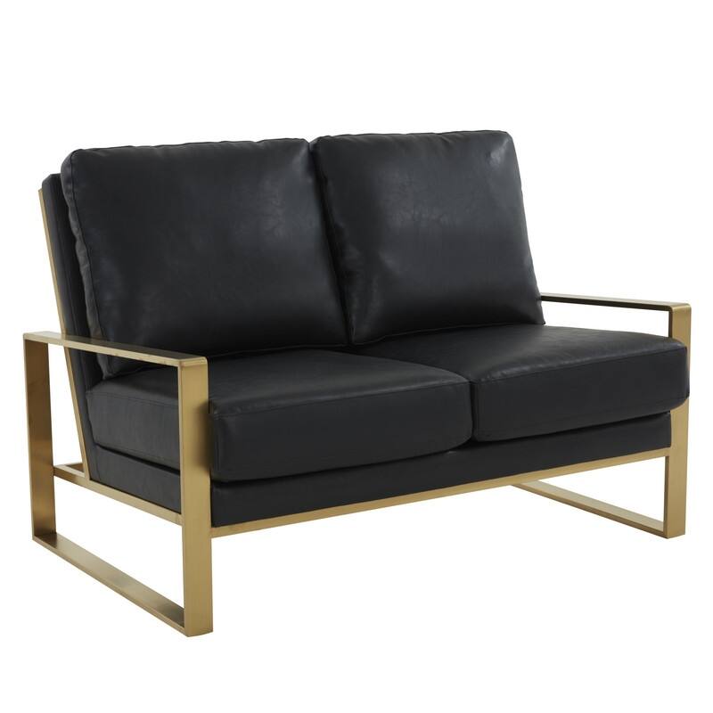 Jefferson Modern Leather/Velvet Loveseat Sofa with Silver/Gold Frame, Removable Cushions Couch for Home and Office - Leather-Black - Gold