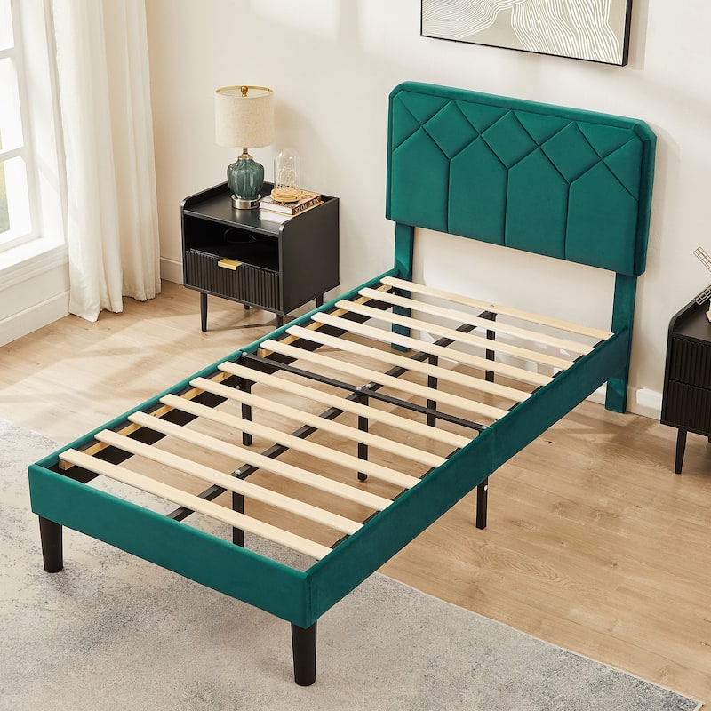 2 Pack Twin Size Kids Bed Frame Height Adjustable Diamond Pattern Upholstered Headboard Bed Twin Size Bed Set of 2