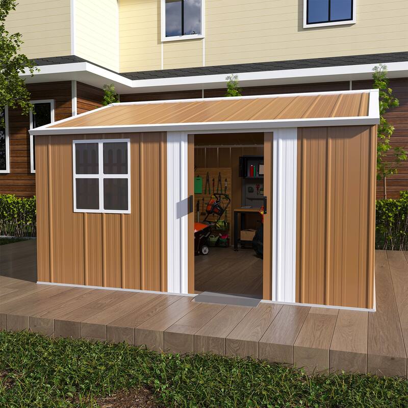 12x10 FT Heavy-Duty Metal Storage Shed with Windows, Lockable Door & Ventilation - Weatherproof Outdoor Garden Shed - Brown