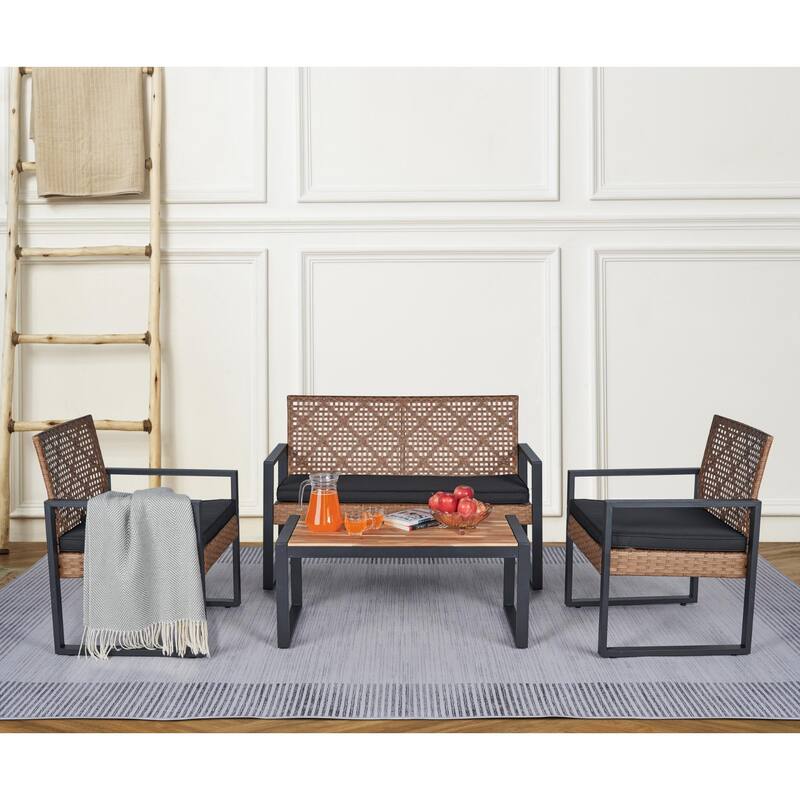 4-Piece Patio Furniture Set Outdoor Balcony Porch Garden Backyard Lawn Furniture Acacia Wood Table Top