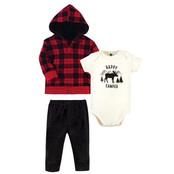 slide 1 of 1, Hudson Baby Infant and Toddler Boy Cotton Hoodie, Bodysuit or Tee Top and Pant Set, Plaid Moose Baby 0-3 Months - Plaid Moose Baby