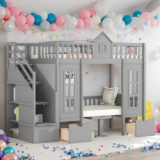 Modern Twin Over Twin Wood Loft Bed with Down Desk,Wooden Separable Bunk Bed Includes 2 Beds With Changeable Table,Gray