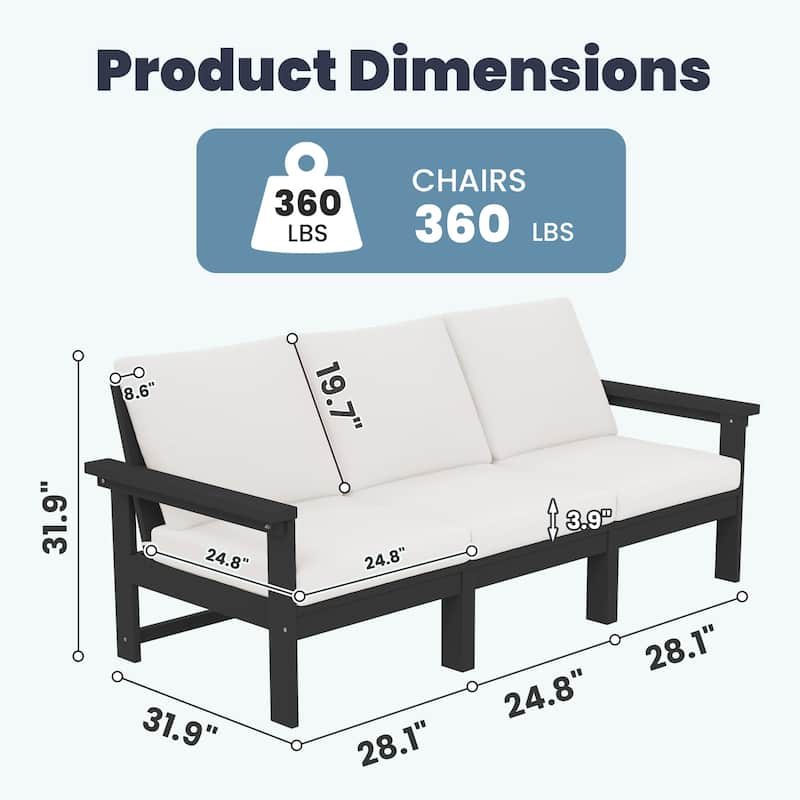 Outdoor Patio HDPE 3-Seat Sofa, 3 Removable Cushions Included