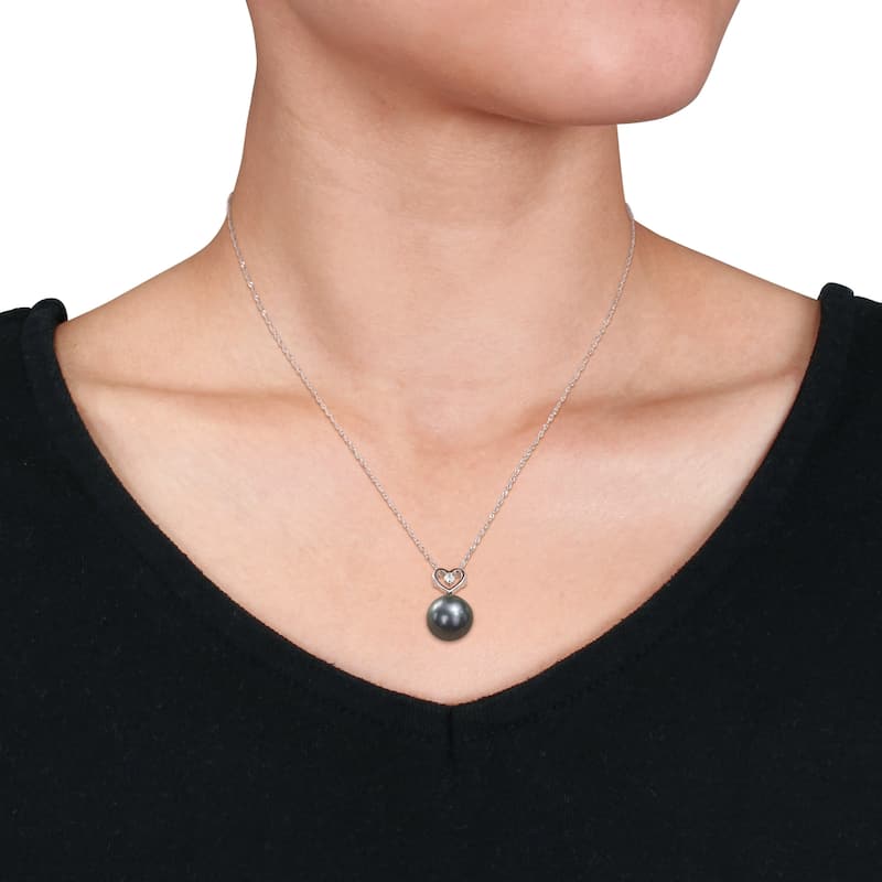Miadora Tahitian Cultured Pearl & Diamond Accent Heart Drop Necklace in 10k White Gold (9.5-10mm)