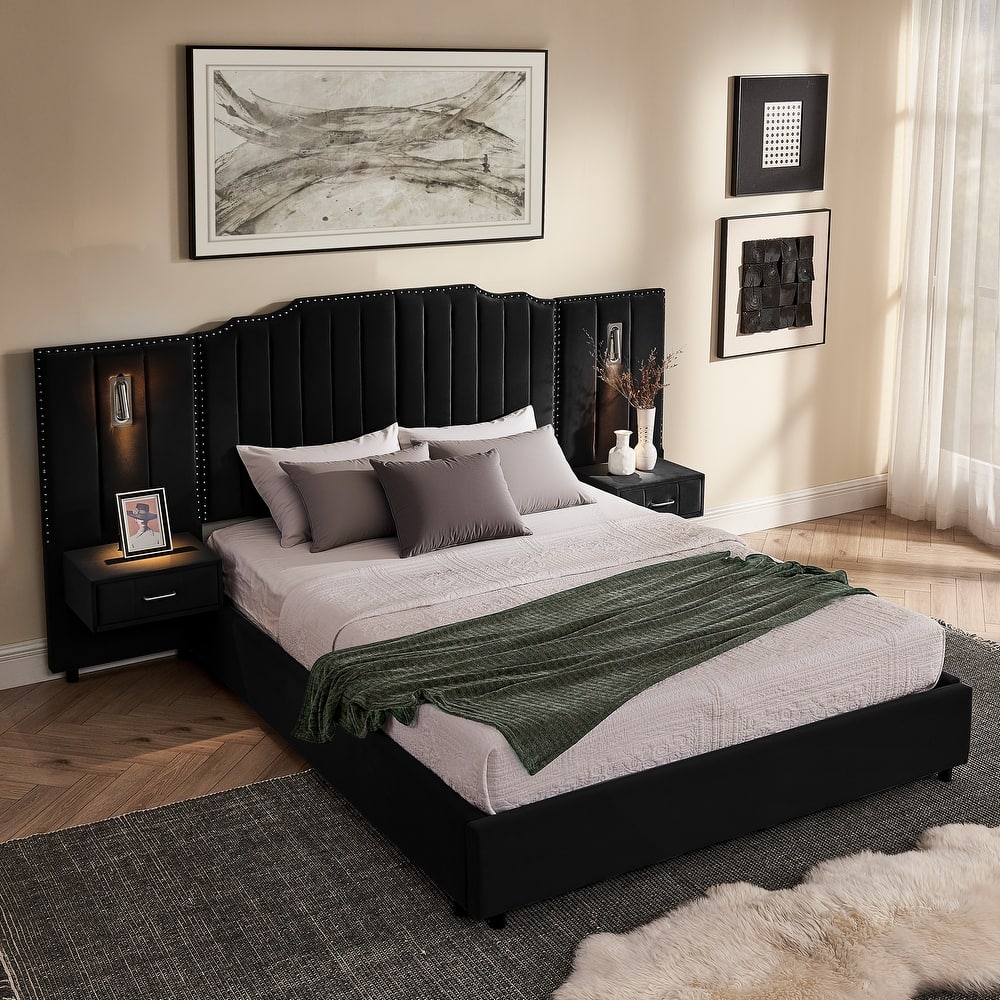 Upholstered Bed, Vertical Stripe Buttons Design Wingback Bed Frame, Velvet Fabric Platform Bed with Bedside Table