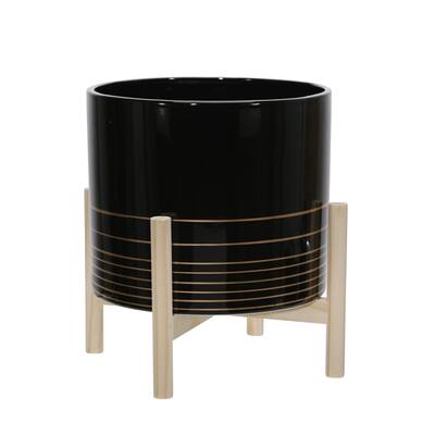 Black with Gold Striping Ceramic Planter with Wood Stand - 10.0" x 10.0" x 12.0"