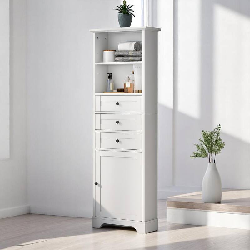 Tall Storage Cabinet with 3 Drawers & Adjustable Shelves, Freestanding MDF Organizer for Bathroom or Office - White