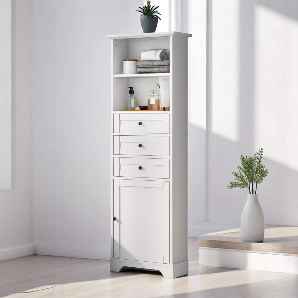 Tall Storage Cabinet with 3 Drawers & Adjustable Shelves, Freestanding MDF Organizer for Bathroom or Office