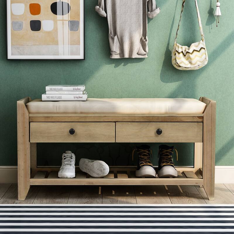Shoe Rack with Cushioned Seat and Drawers