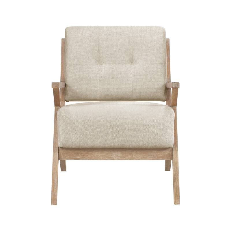 Unique Design Fabric Armchair with Antique Natural Finish and Tufted Back