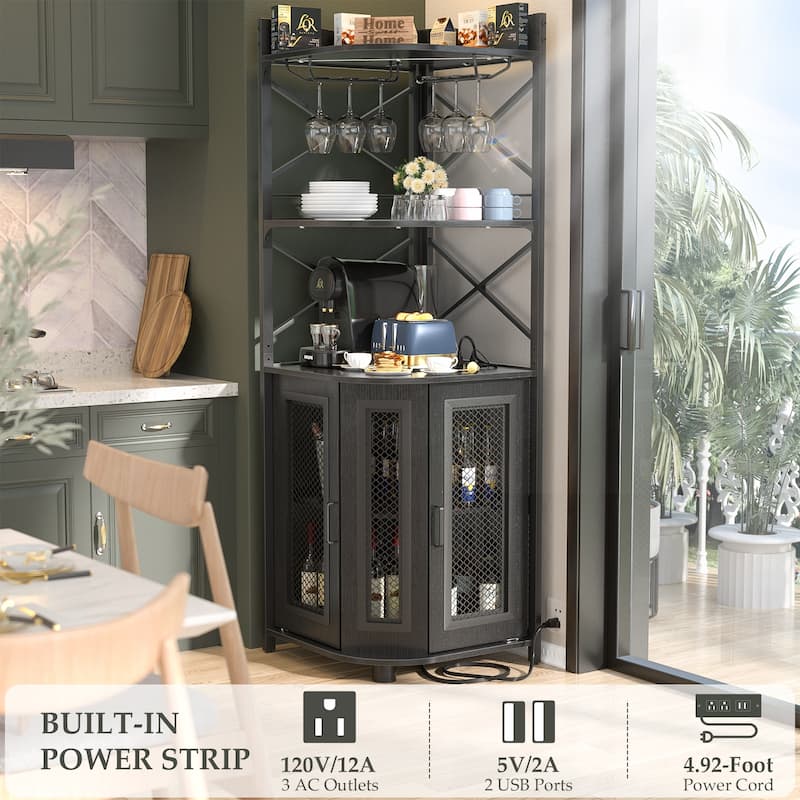 Corner Bar Cabinet with Charging Station and Ambiance Light, Liquor Display Storage Shelves with Glass Holder - Brown