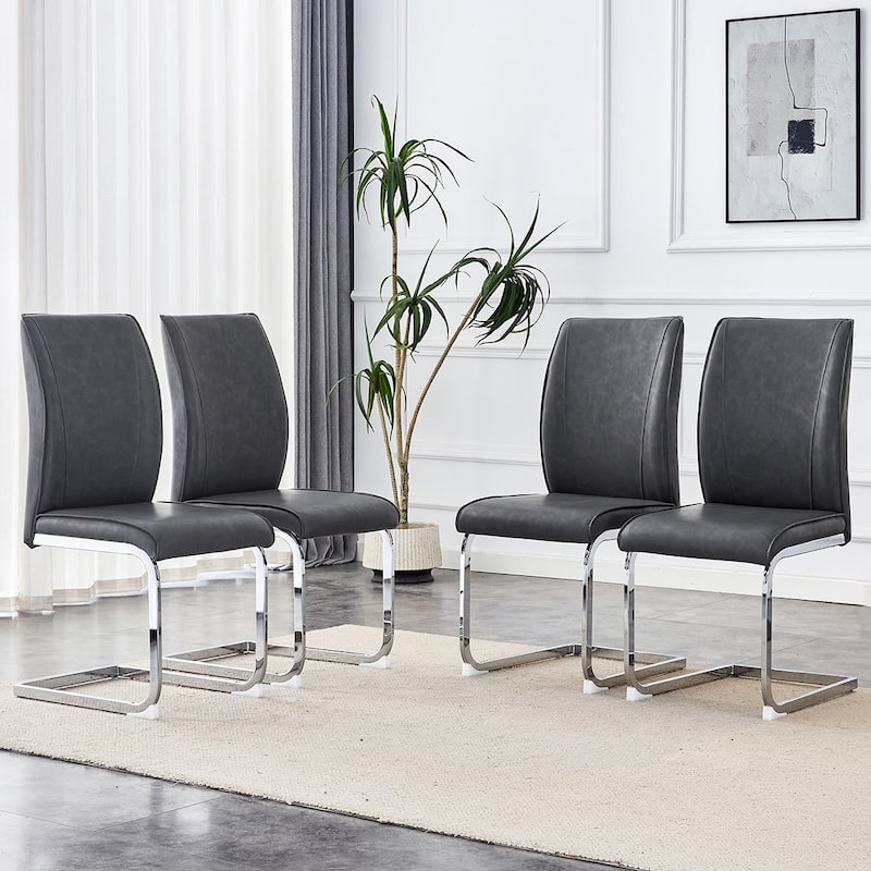 4PCS PU Dining Chairs With Silver Legs - Dark Grey