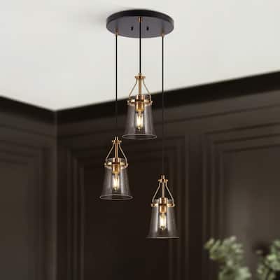 Haye Modern 3-Light Glass Chandelier Black Gold Cluster Pendant for Kitchen Island - 15.5" D x 10" H