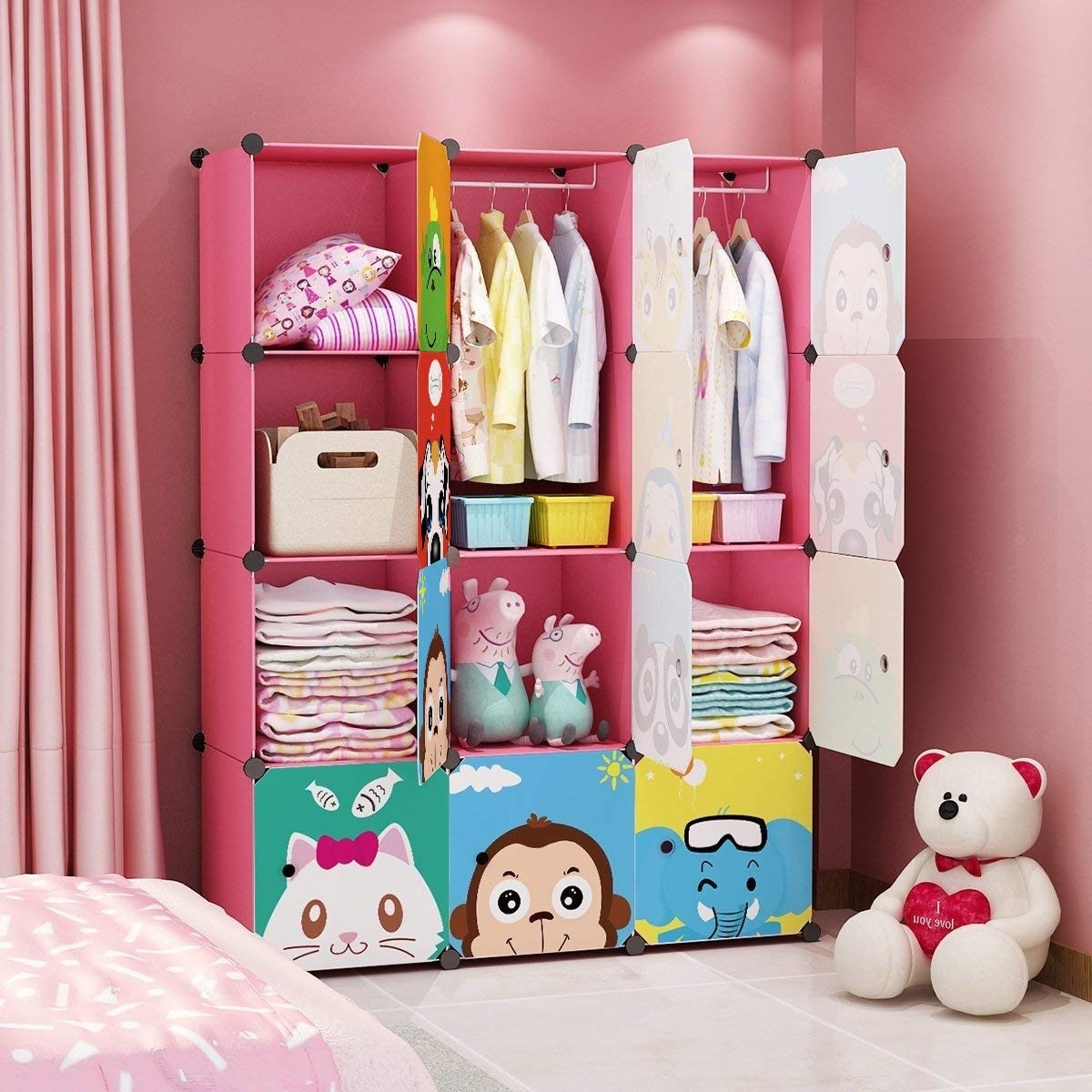 Children Wardrobe Kid Dresser Cute Baby Portable Closet Bedroom Armoire Clothes Hanging Storage Rack Cube Organizer As picture