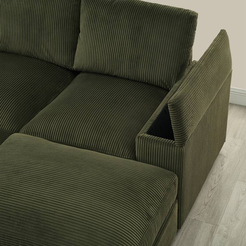 U-shaped corduroy sofa with removable footstool and storage armrests