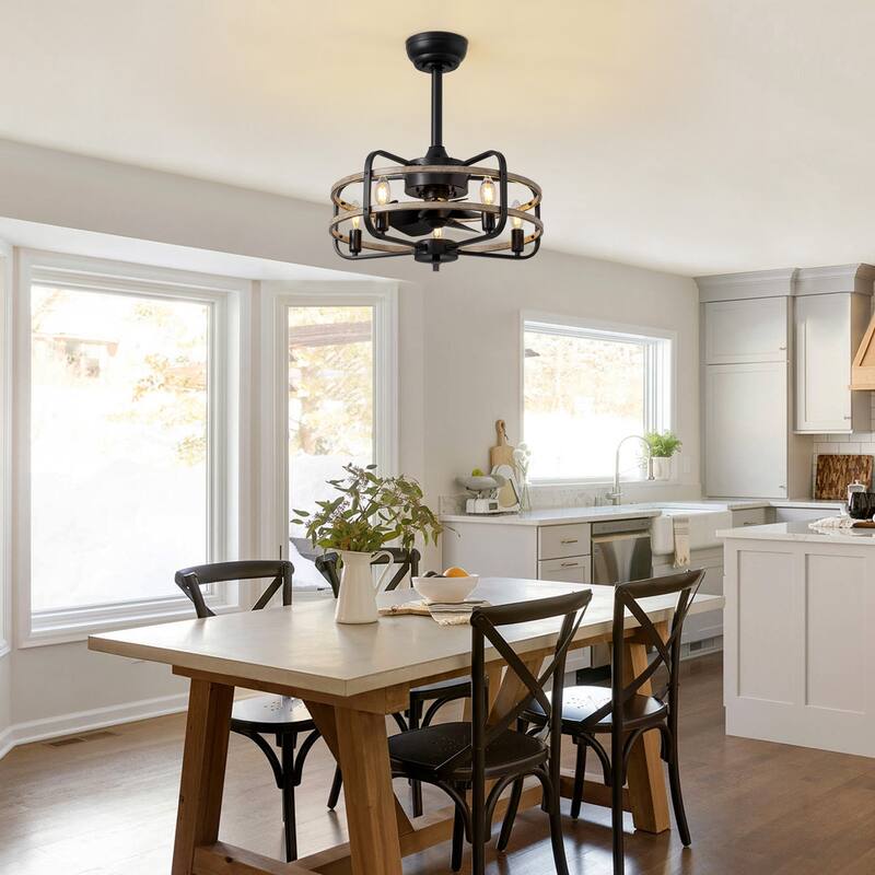 Industrial Black Caged Vintage Chandelier Ceiling Fan with Lights and Remote Control