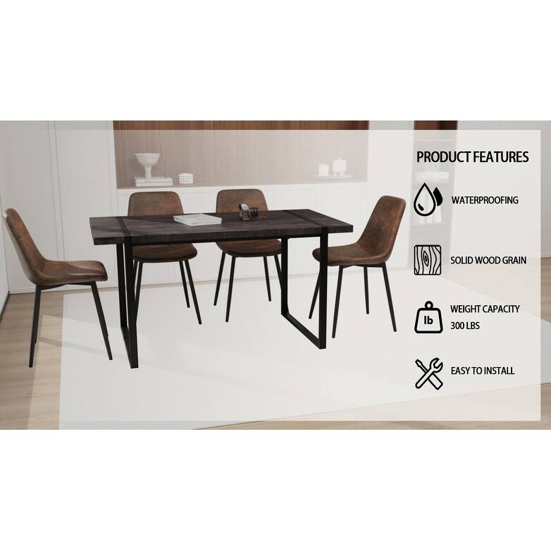 Modern 5-Piece Dining Set with Rectangular Metal Base Table & 4 Square Corner Suede Chairs