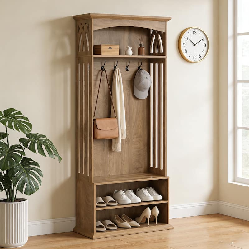 Hall Tree with Bench and Shoe Storage, 71" Coat Rack with Shoe Bench - Brown