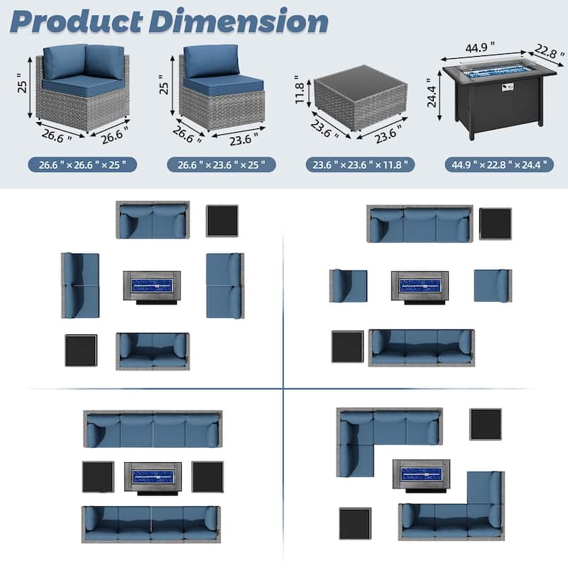 11 Piece Sectional Seating Group with Fire Pit and Cushion