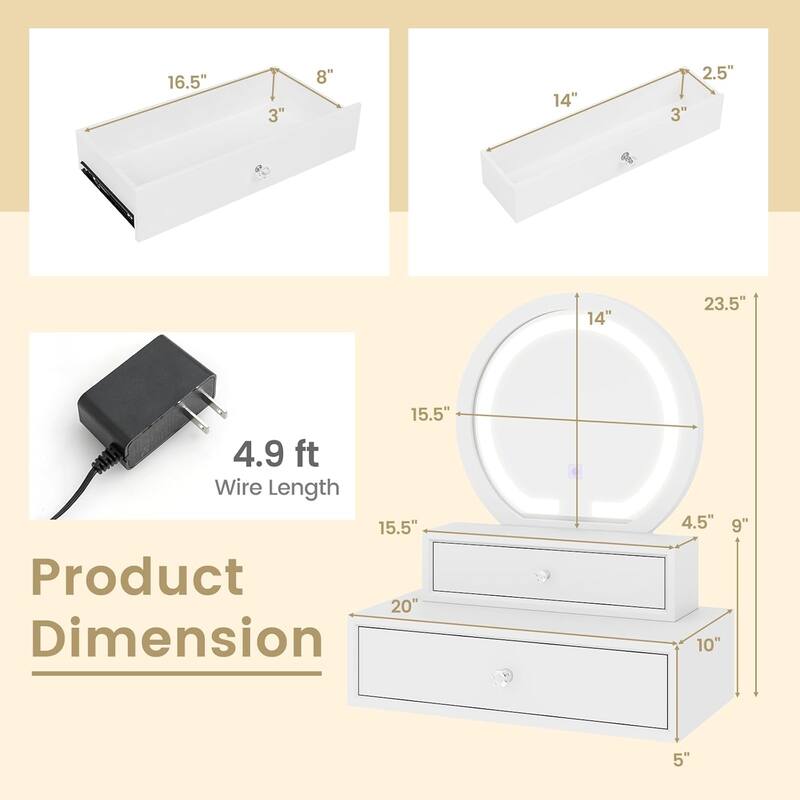 White Tabletop Lighted Mirror w/ Drawers Desktop Makeup Mirror