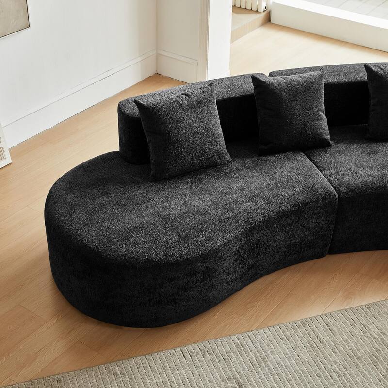 Curved Velvet Boneless Cloud Sofa with 3 Pillows, 5-Seater Modular Sectional Sofa, High-Density Foam Upholstered Sofa - Black