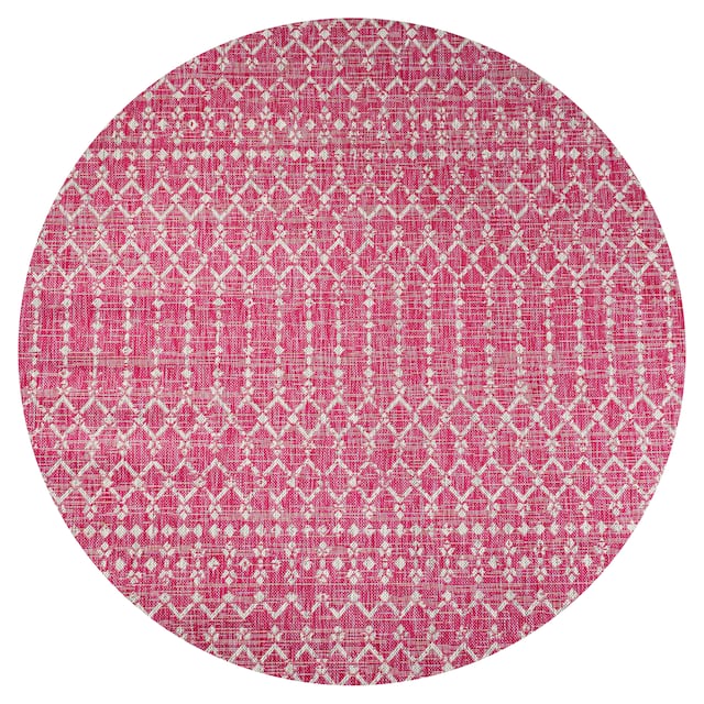 JONATHAN Y Trebol Moroccan Geometric Textured Weave Indoor/Outdoor Area Rug - 5' Round - Fuchsia/Light Gray