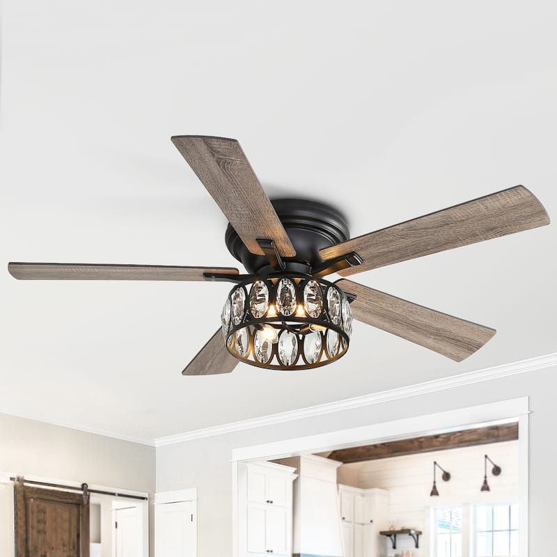 52 Inch Black Flush Mount Ceiling Fan with Light and Remote - Matte Black