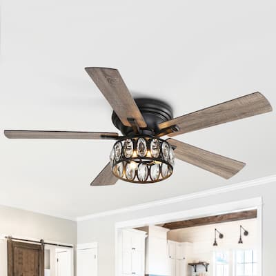 52 Inch Black Flush Mount Ceiling Fan with Light and Remote