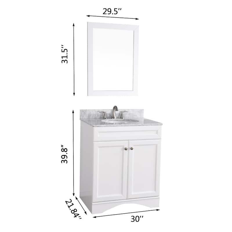 BATHLET 30 inch Bathroom Vanity Set with Carrara Marble Top Mirror
